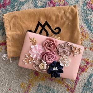 Floral Embellished Clutch in Pink and Navy